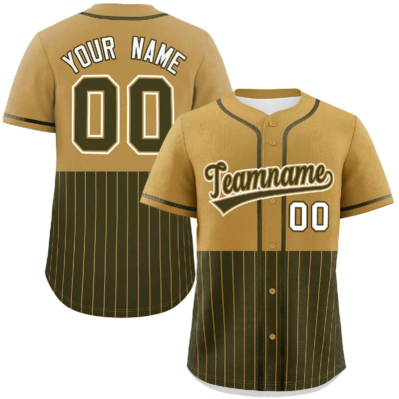 Football Jersey With Sponsor Name-Basketball Jersey With Special Offer-Baseball Jersey With Group Outfit Design-Custom Old Gold Olive Personalized Half Stripe Design Authentic Baseball Jersey