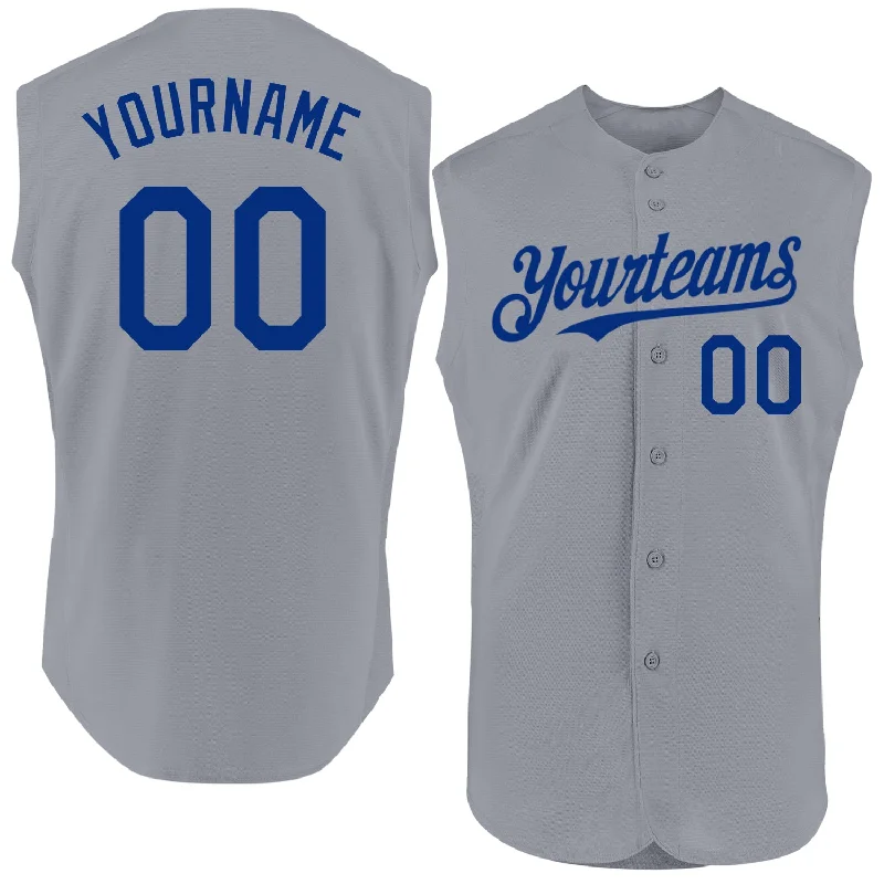 Football Jersey With Anti-Shrink Design-Basketball Jersey With Anti-Shrink Design-Baseball Jersey With Striped Cuffs-Custom Gray Royal Authentic Sleeveless Baseball Jersey