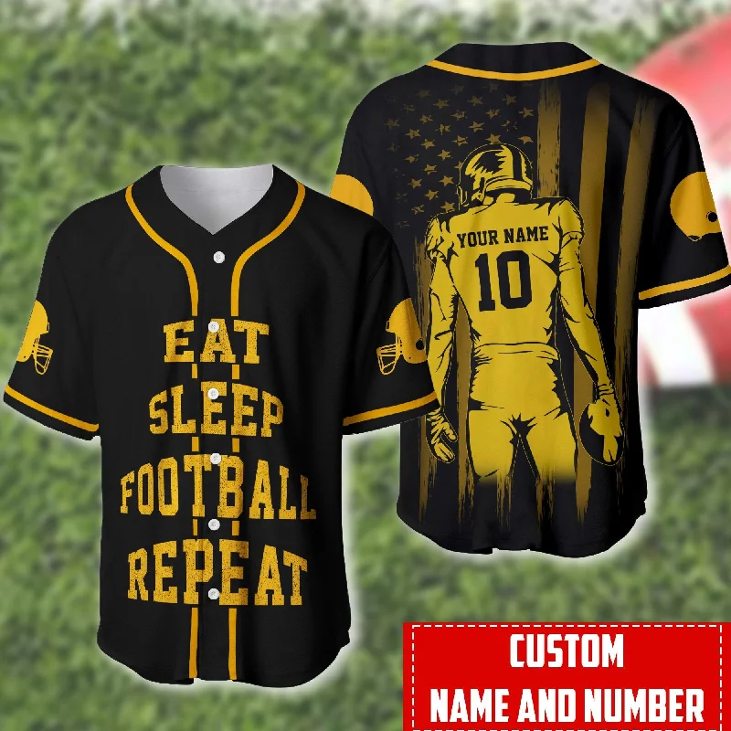 Football Jersey With Sports Event Graphic-Basketball Jersey With Sports Event Graphic-Baseball Jersey With Team Hashtag-Eat Sleep Football Repeat Personalized And Number Baseball Jersey