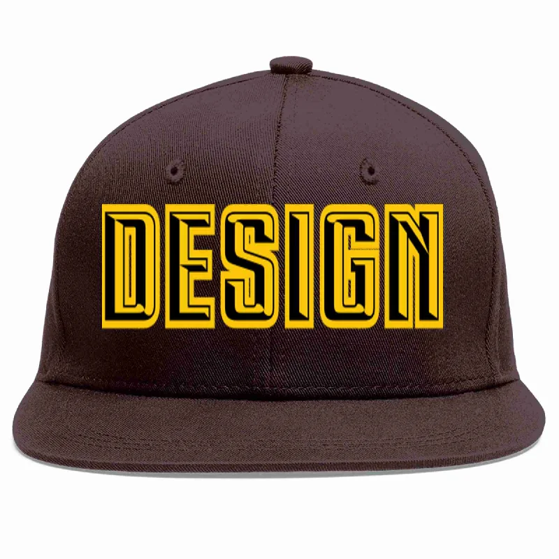 Fall Baseball Cap-Custom Brown Black-Gold Flat Eaves Sport Baseball Cap Design for Men/Women/Youth