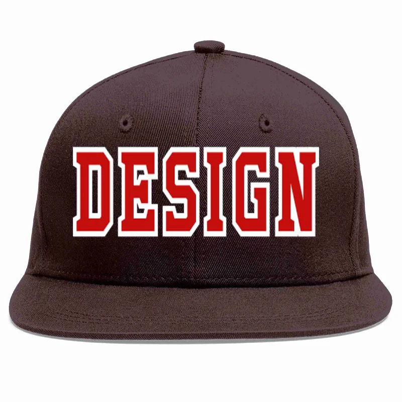 Handmade Baseball Cap-Custom Brown Red-White Flat Eaves Sport Baseball Cap Design for Men/Women/Youth