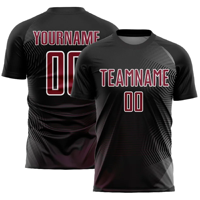 Football Jersey With Compression Fit-Custom Black Crimson-White Geometric Lines Sublimation Soccer Uniform Jersey