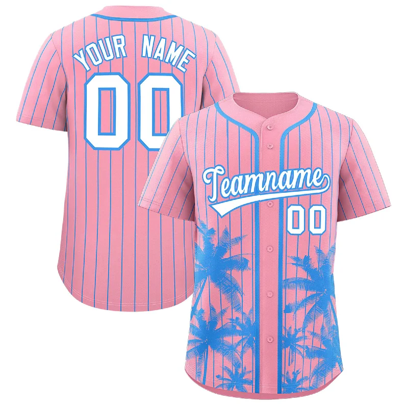 High School Football Jersey-High School Basketball Jersey-Spring Training Baseball Jersey-Custom Light Pink Powder Blue Pinstripe Coconut Tree Pattern Authentic Baseball Jersey