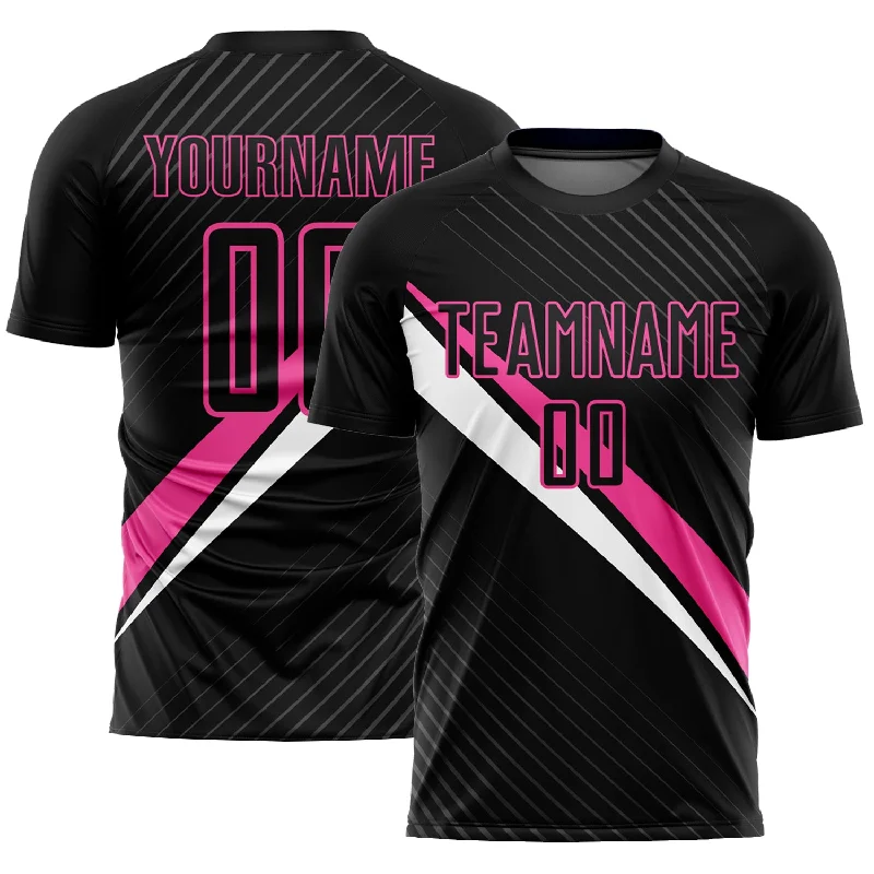 Football Jersey With Custom Text-Custom Black Pink-White Diagonal Lines Sublimation Soccer Uniform Jersey