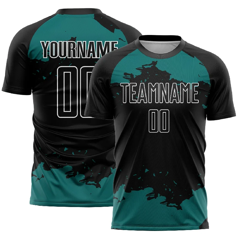 Football Jersey For Exhibition Matches-Custom Black Teal-White Abstract Fragment Art Sublimation Soccer Uniform Jersey