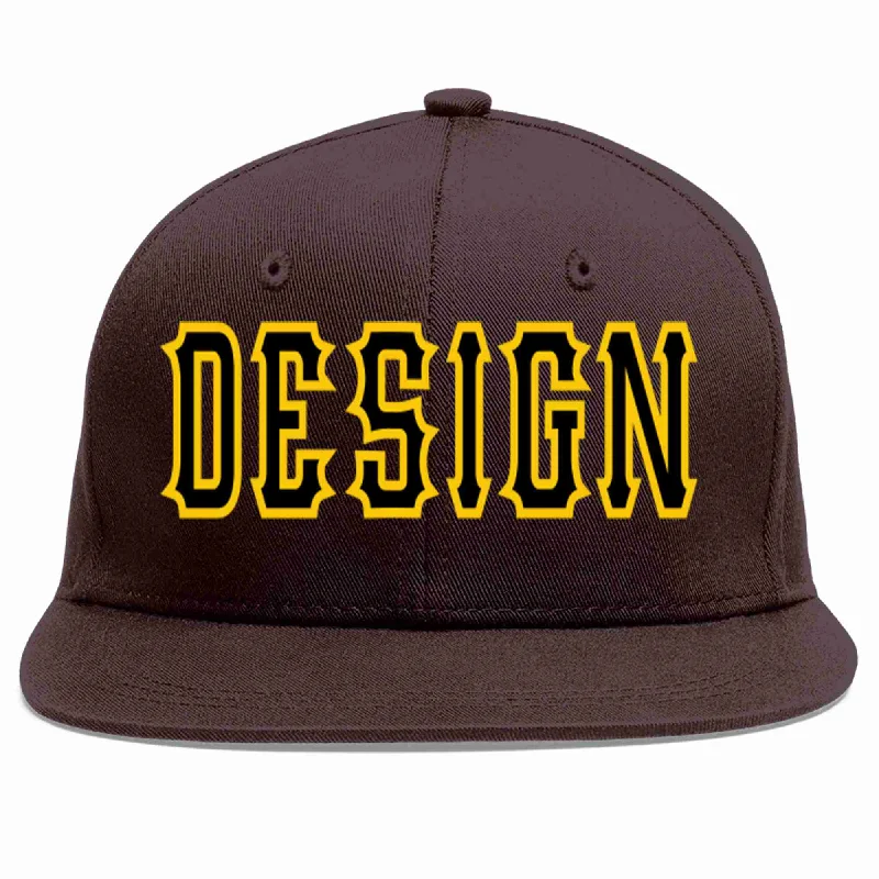 Fundraiser Baseball Cap-Custom Brown Black-Gold Flat Eaves Sport Baseball Cap Design for Men/Women/Youth