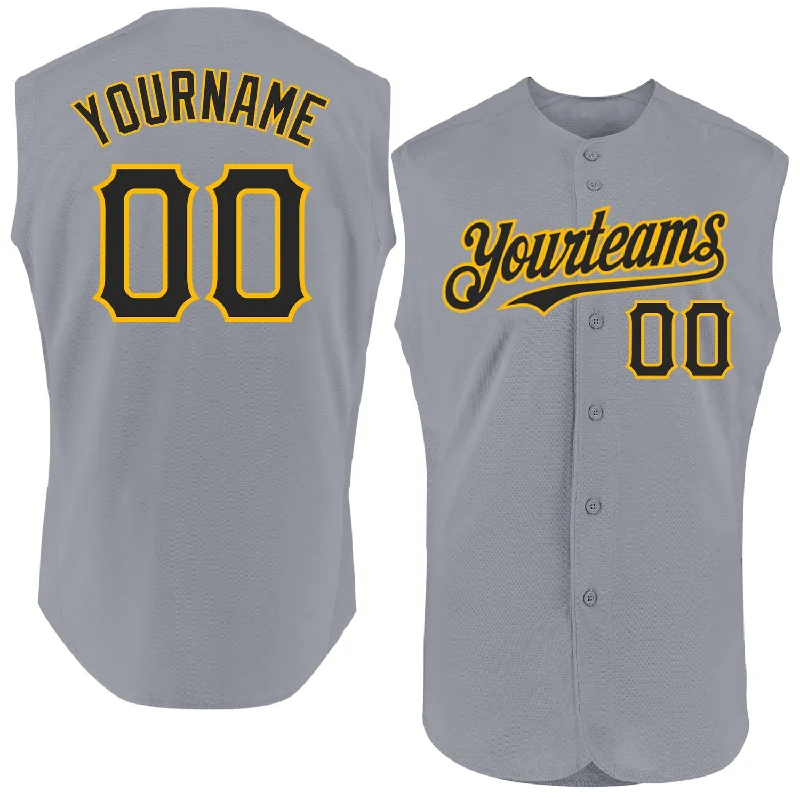 Football Jersey With Adjustable Fit-Basketball Jersey With Adjustable Fit-Baseball Jersey For High School Teams-Custom Gray Black-Gold Authentic Sleeveless Baseball Jersey