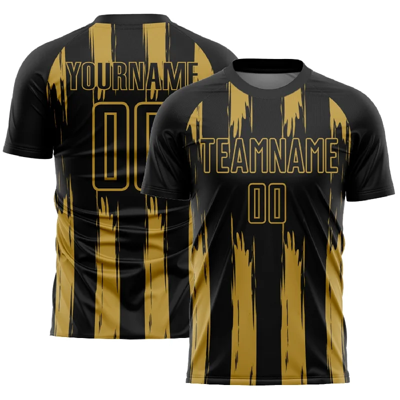 Football Jersey With Stylish Fit-Custom Black Old Gold Abstract Stripes Sublimation Soccer Uniform Jersey