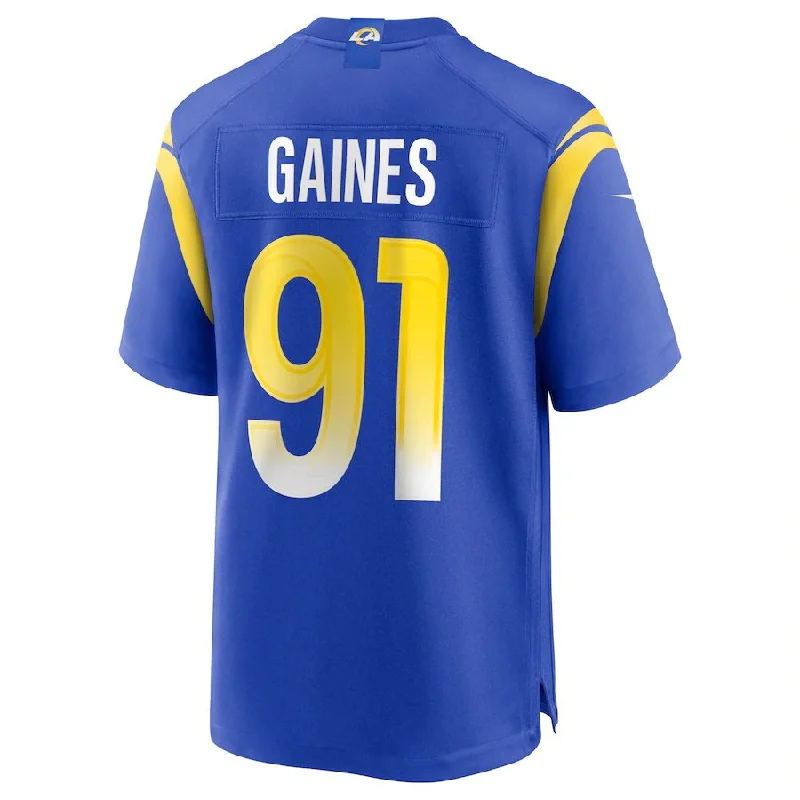 Rugby Jersey With Embossed Logo-LA.Rams #91 Greg Gaines Royal Game Jersey Stitched American Football Jerseys