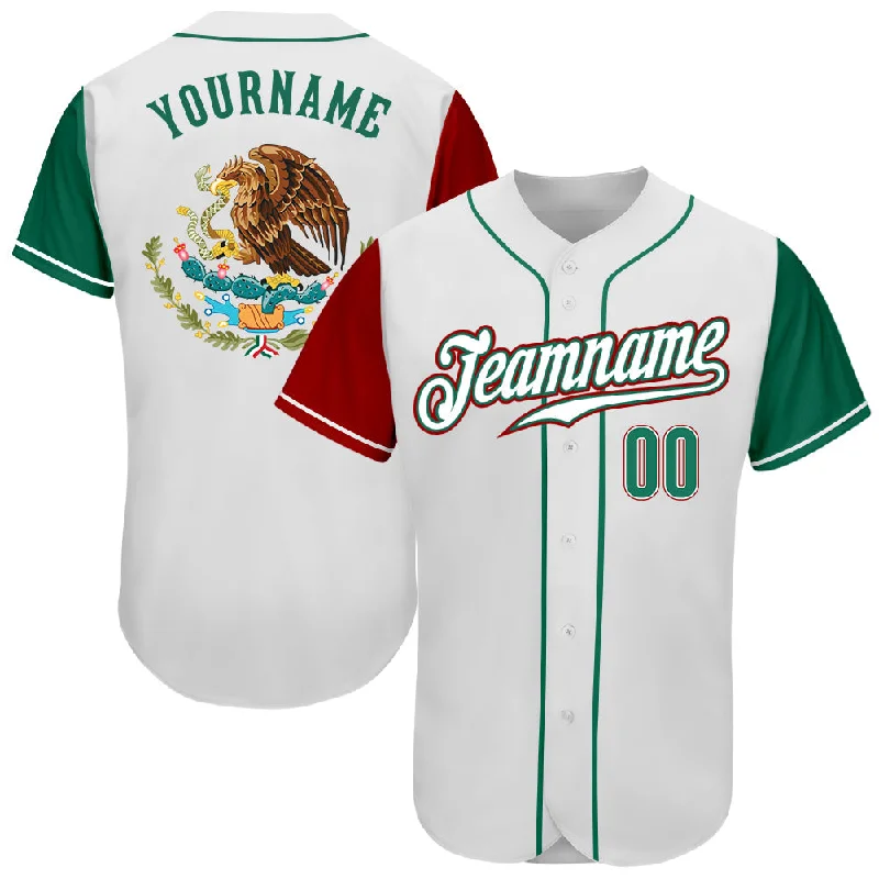 Fitted Football Jersey-Fitted Basketball Jersey-Oversized Baseball Jersey-Custom White Kelly Green-Red Authentic Mexico Two Tone Baseball Jersey