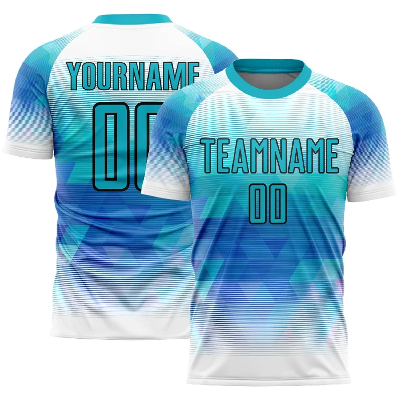 Football Jersey With Custom Number-Custom Teal White Geometric Triangle Sublimation Soccer Uniform Jersey