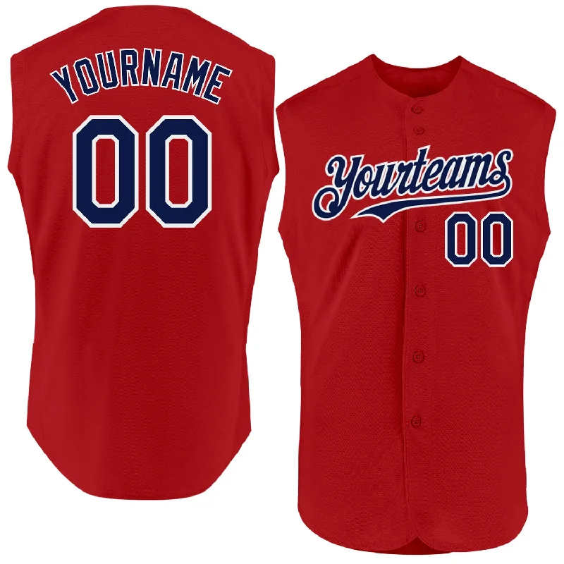 Football Jersey With Sleeve Logos-Basketball Jersey With Sleeve Logos-Baseball Jersey With Flames Design-Custom Red Navy-White Authentic Sleeveless Baseball Jersey