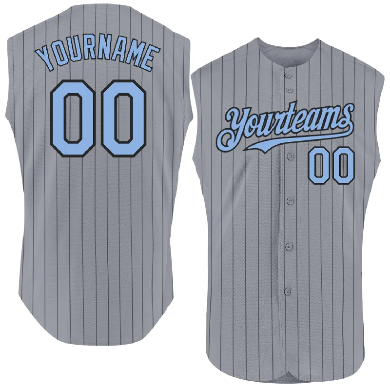 Football Jersey With Team Championship Year-Basketball Jersey With Team Championship Year-Baseball Jersey With Trendy Font-Custom Gray Black Pinstripe Light Blue Authentic Sleeveless Baseball Jersey