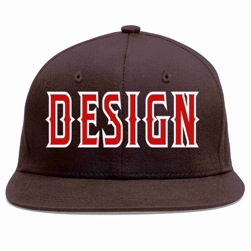 Baseball Cap For Teenagers-Custom Brown Red-White Flat Eaves Sport Baseball Cap Design for Men/Women/Youth