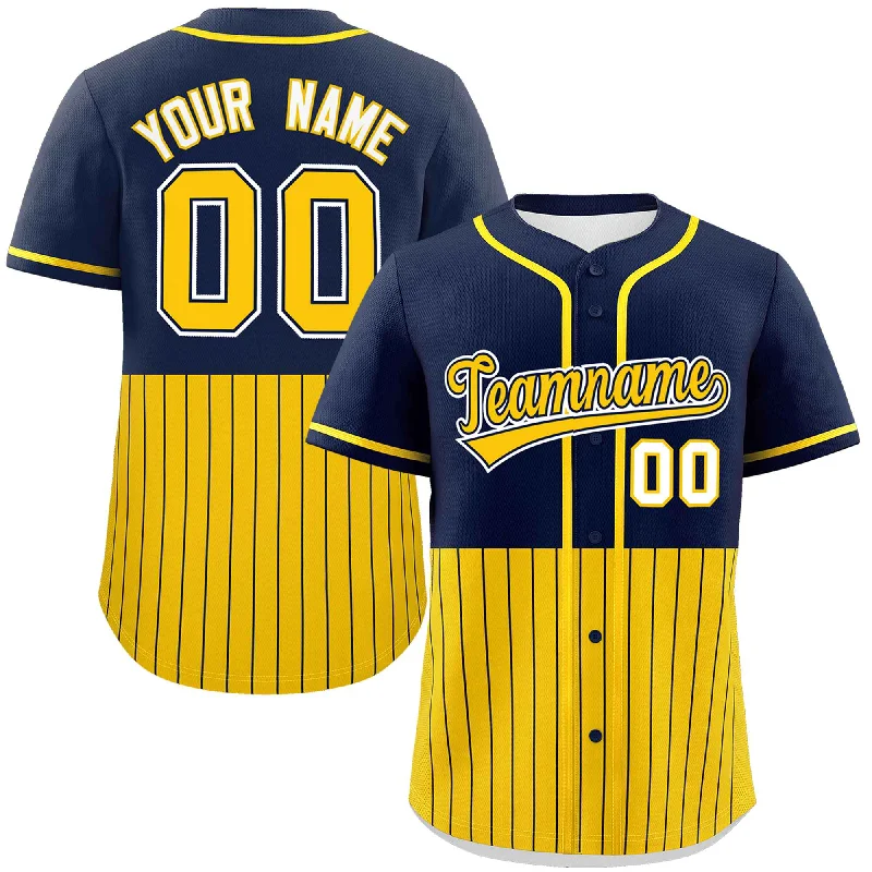 Football Jersey With Minimalist Look-Basketball Jersey With Traditional Look-Baseball Jersey With Sports Event Logo-Custom Navy Gold Personalized Half Stripe Design Authentic Baseball Jersey