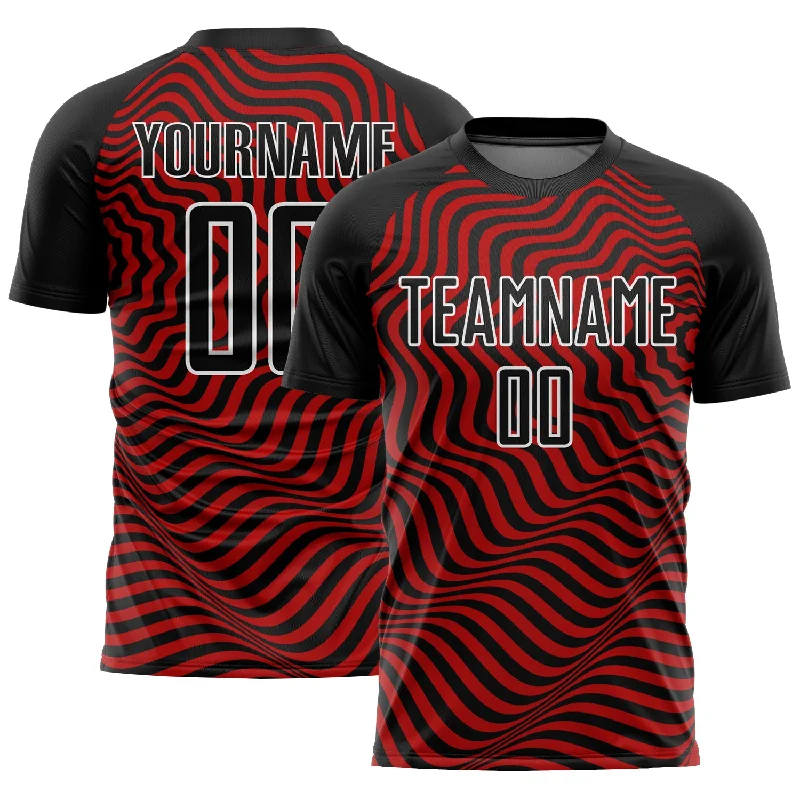 Personalized Football Jersey For Men-Custom Black Red-White Wavy Lines Sublimation Soccer Uniform Jersey