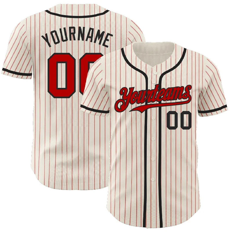 Football Jersey For Supporters-Basketball Jersey For Supporters-Pinstripe Baseball Jersey-Custom Cream Red Pinstripe Black Authentic Baseball Jersey