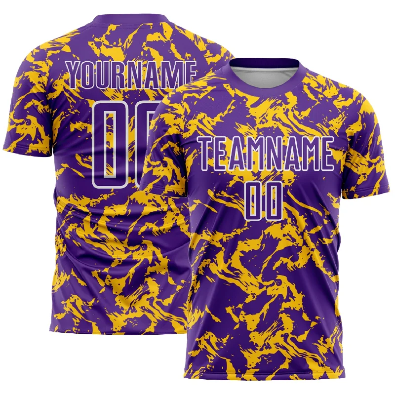 Football Jersey With Number Print-Custom Purple Gold-White Abstract Fluid Sublimation Soccer Uniform Jersey