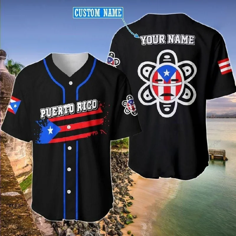 Football Jersey With Loose Fit-Basketball Jersey With Loose Fit-Baseball Jersey With Space Theme-Puerto Rico Flag Taino Black Personalized Baseball Jersey