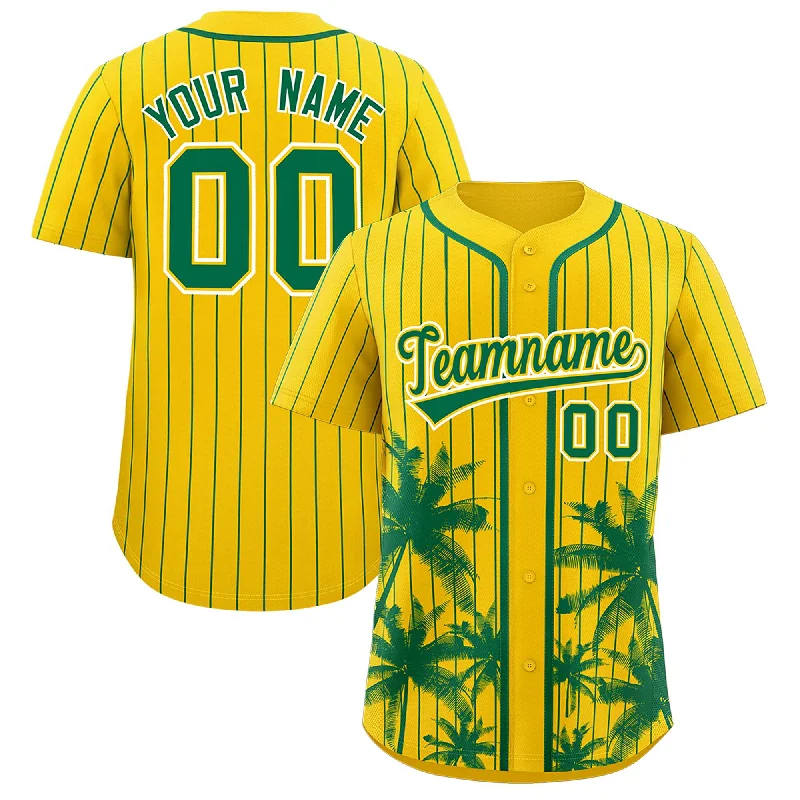 Kids Football Jersey-Kids Basketball Jersey-World Series Baseball Jersey-Custom Gold Kelly Green Pinstripe Coconut Tree Pattern Authentic Baseball Jersey