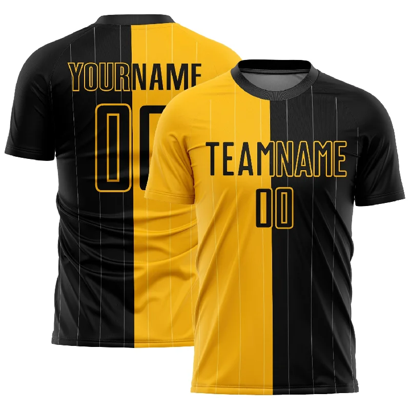 Football Jersey Custom Design-Custom Gold Black Pinstripe Split Fashion Sublimation Soccer Uniform Jersey