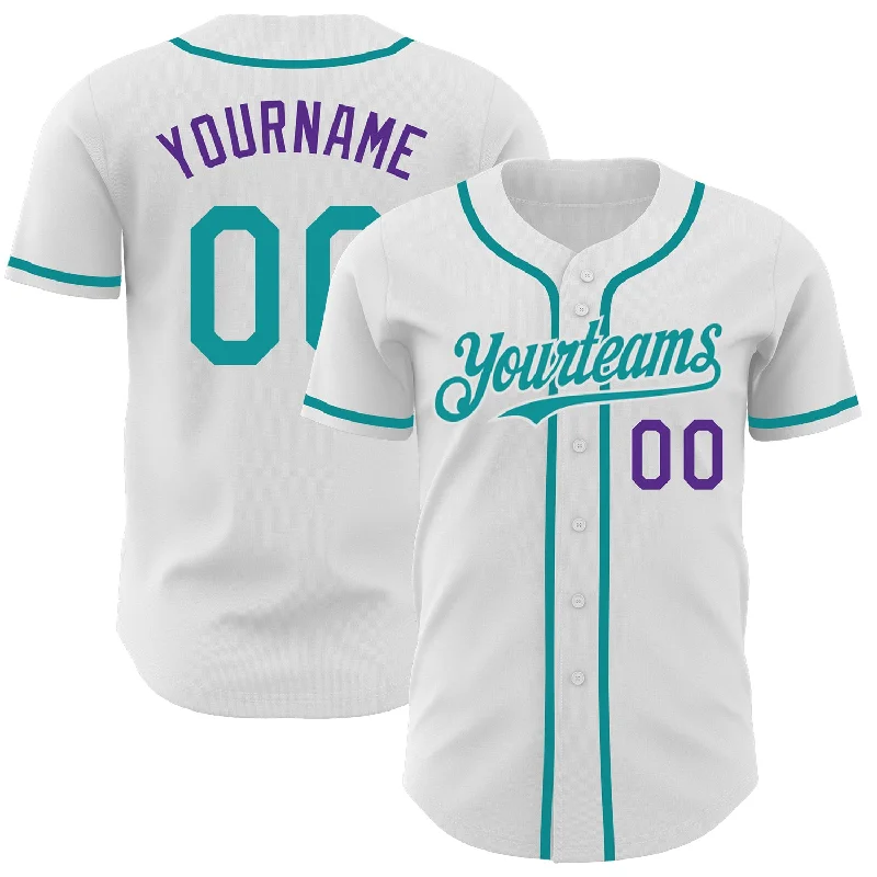 Football Jersey With Textured Design-Basketball Jersey With Textured Design-Baseball Jersey With Snap Buttons-Custom White Teal-Purple Authentic Baseball Jersey