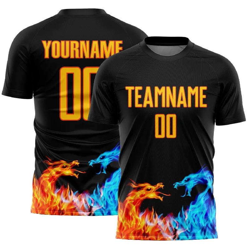 Football Jersey For Adult Leagues-Custom Black Yellow-Orange Dragon Flame Sublimation Soccer Uniform Jersey