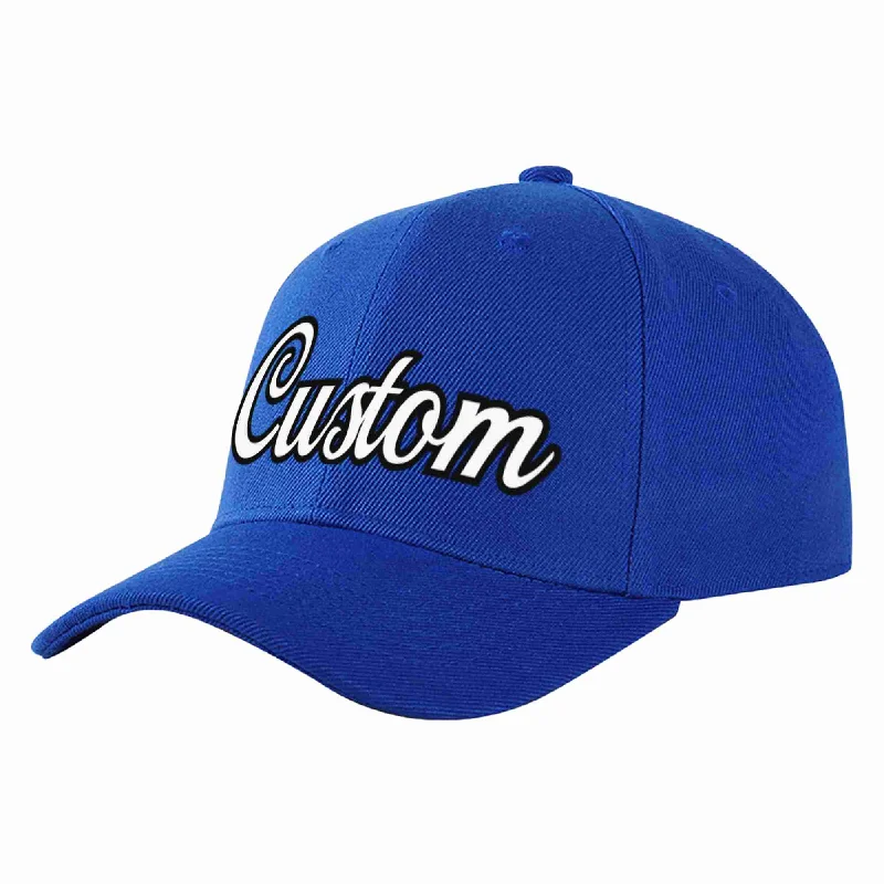 Striped Baseball Cap-Custom Royal White-Black Curved Eaves Sport Baseball Cap Design for Men/Women/Youth