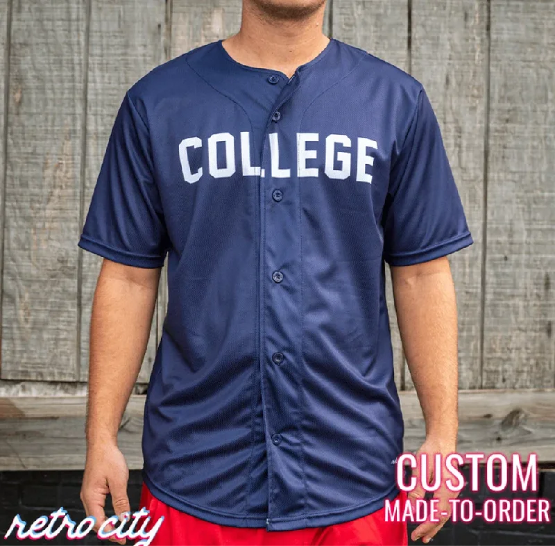 Football Jersey With Mesh Panels-Basketball Jersey With Mesh Panels-Baseball Jersey For Summer-Animal House 'College' Full-Button Baseball Fan Jersey (Navy)