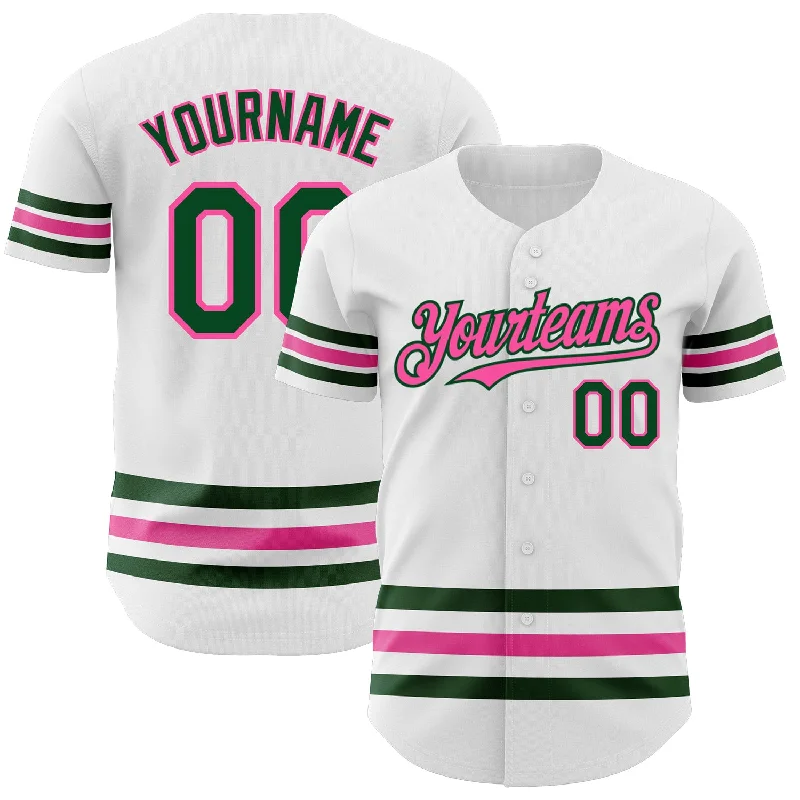 Football Jersey With Stitched Numbers-Basketball Jersey With Stitched Numbers-Baseball Jersey With Bold Colors-Custom White Green-Pink Line Authentic Baseball Jersey