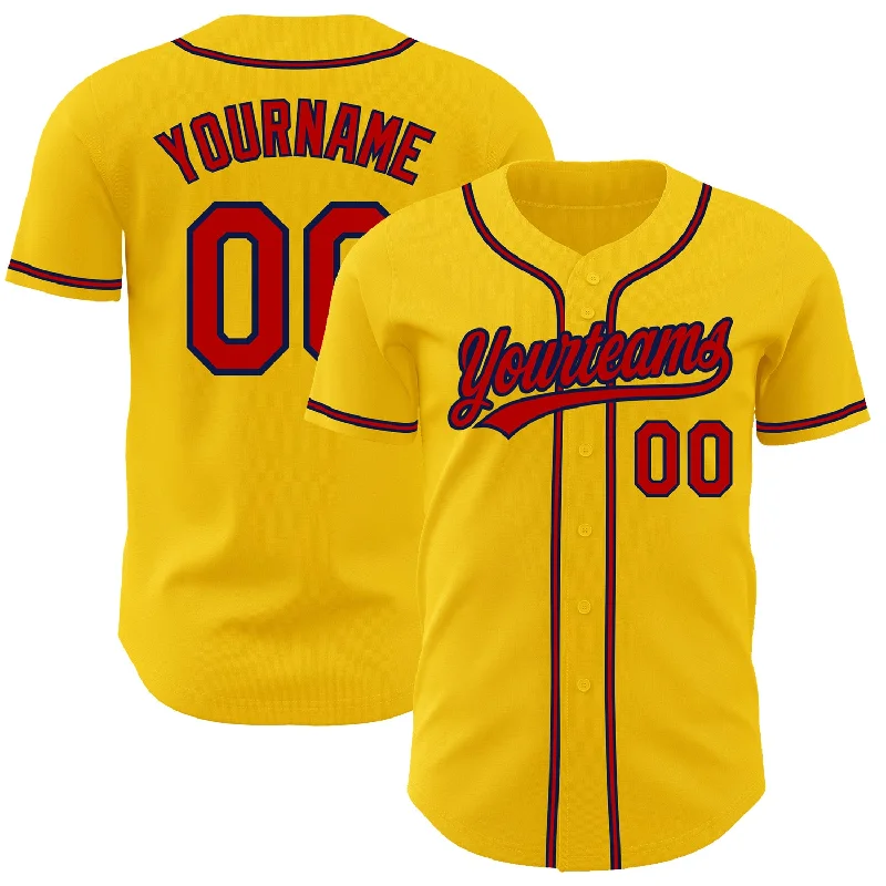 Football Jersey With Funky Design-Basketball Jersey With Funky Design-Baseball Jersey With Personalized Font-Custom Yellow Red-Navy Authentic Baseball Jersey