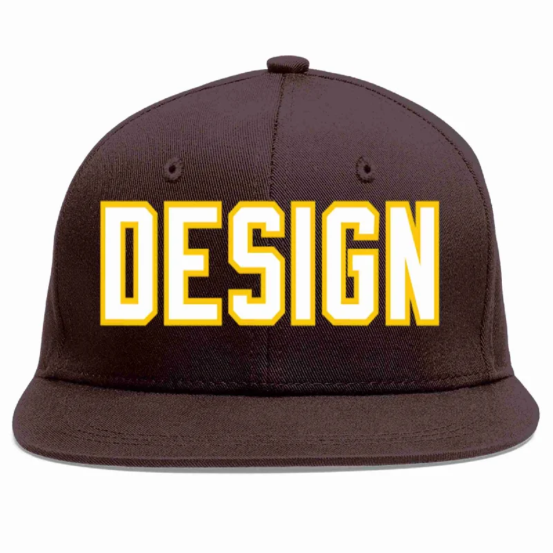 Sports Team Baseball Cap-Custom Brown White-Gold Flat Eaves Sport Baseball Cap Design for Men/Women/Youth