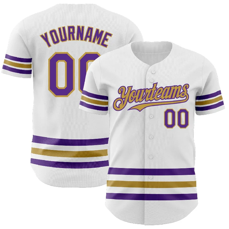 Football Jersey With Sports Icon-Basketball Jersey With Sports Icon-Baseball Jersey For Streetwear-Custom White Purple-Old Gold Line Authentic Baseball Jersey