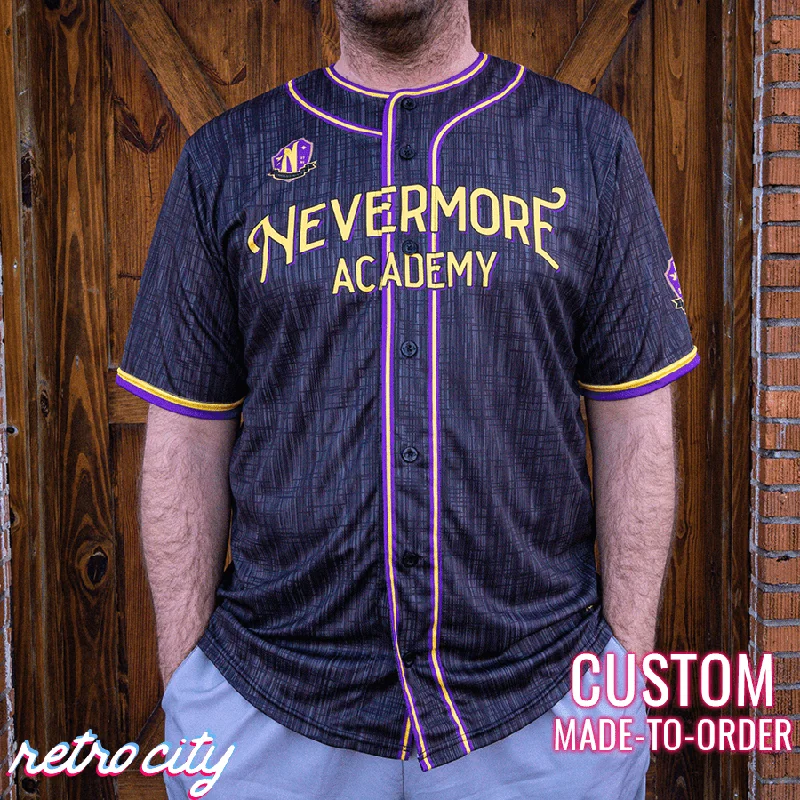 Football Jersey With Team Colors-Basketball Jersey With Team Colors-Baseball Jersey With Custom Font-Nevermore Academy Full-Button Baseball Jersey