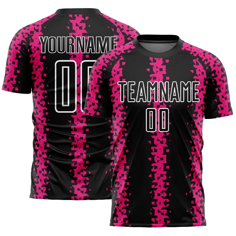 Football Jersey For The Whole Team-Custom Black Hot Pink-White Abstract Geometric Pattern Sublimation Soccer Uniform Jersey