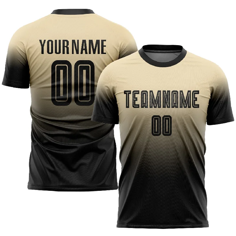 Football Jersey With Mesh Material-Custom Cream Black Sublimation Fade Fashion Soccer Uniform Jersey