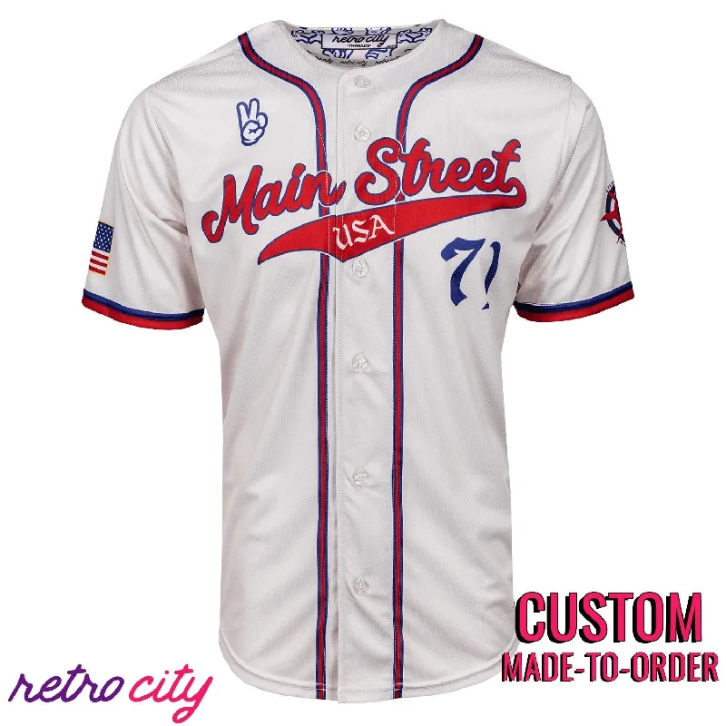 Football Jersey With Tournament Design-Basketball Jersey With Official Team Uniform-Baseball Jersey With Championship Trophy-Main Street USA Full-Button Baseball Jersey (Cream)