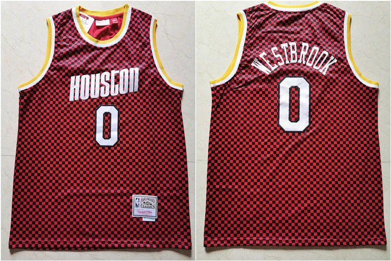 Basketball Jersey With Custom Text-Rockets 0 Russell Westbrook Red Checkerboard Hardwood Classics Basketball Jersey