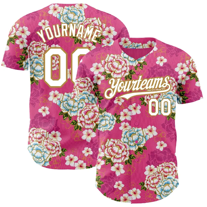 Football Jersey With Camo Pattern-Basketball Jersey With Camo Pattern-Baseball Jersey With Hand-Stitched Letters-Custom Hot Pink White-Old Gold 3D Pattern Design Northeast China Big Flower Authentic Baseball Jersey