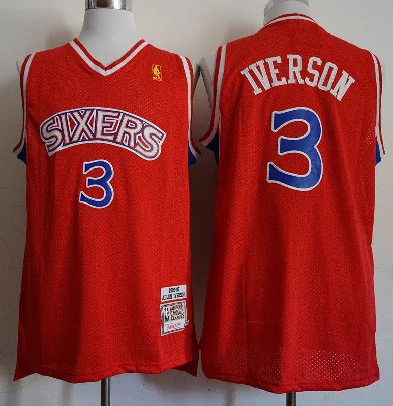 Basketball Jersey With Sponsor Logo-76ers 3 Allen Iverson Red 1996-97 Red Hardwood Classics Basketball Jersey