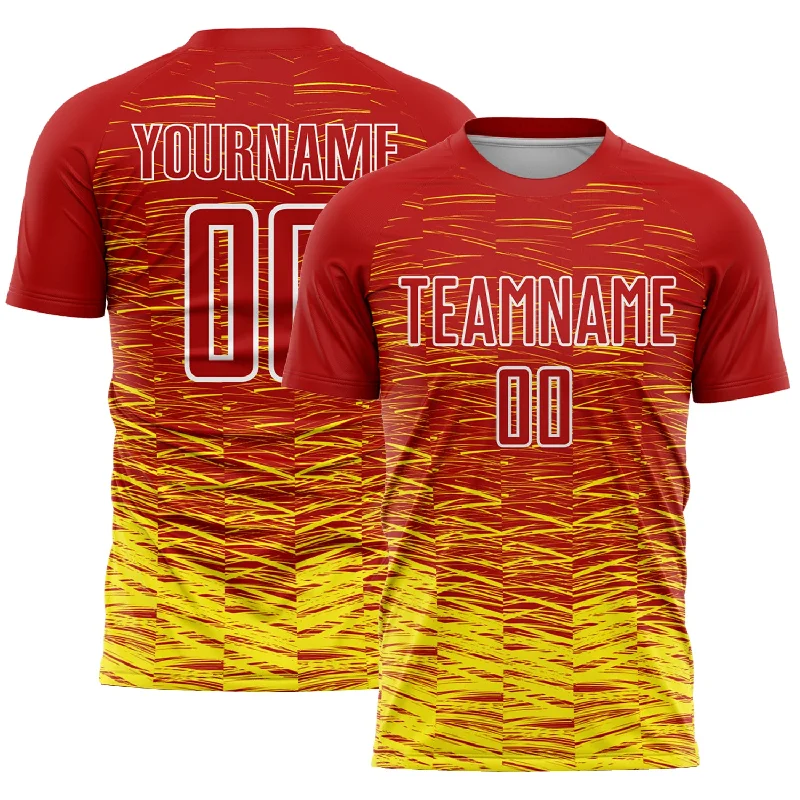 Football Jersey For Football Tournaments-Custom Red Light Yellow-White Line Sublimation Soccer Uniform Jersey