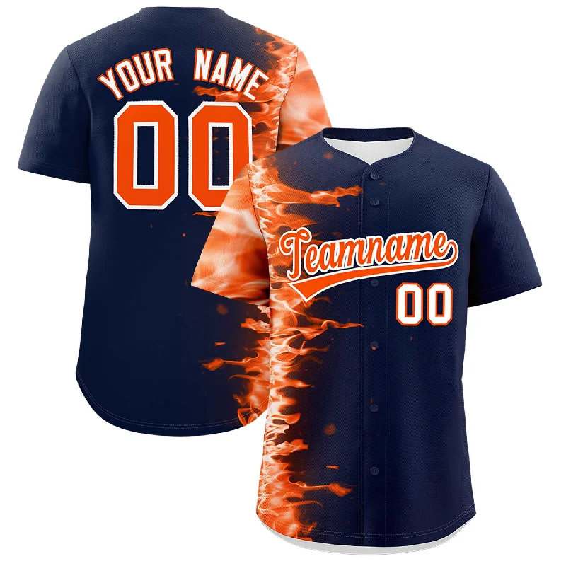 Football Jersey With Sponsor Logo-Basketball Jersey With Sponsor Logo-Baseball Jersey With Stitched Lettering-Custom Navy Personalized 3D Flame Design Authentic Baseball Jersey