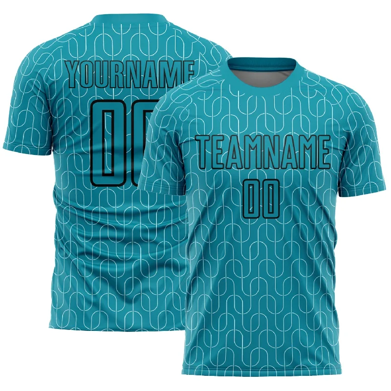 Football Jersey With Contrast Colors-Custom Teal Black Geometric Pattern Sublimation Soccer Uniform Jersey