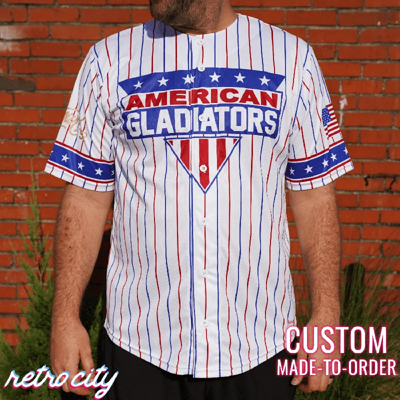 Football Jersey With Celebrity Collaboration-Basketball Jersey With Celebrity Name-Baseball Jersey With College Logo-American Gladiators Full-Button Baseball Jersey