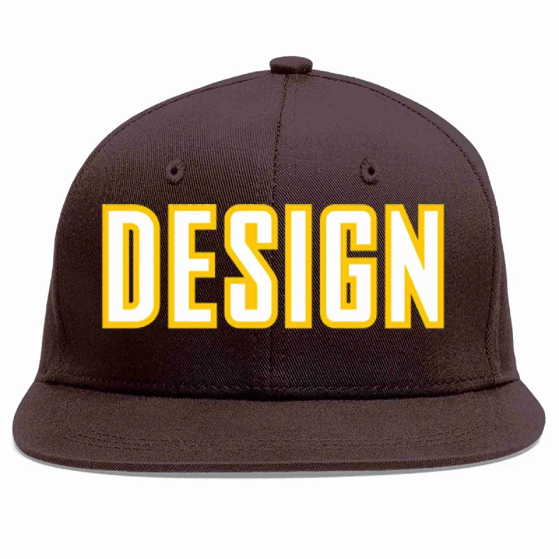 Religious Baseball Cap-Custom Brown White-Gold Flat Eaves Sport Baseball Cap Design for Men/Women/Youth