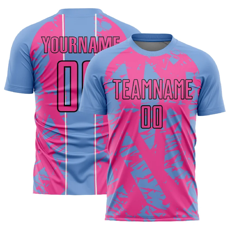 Football Jersey With Embroidery-Custom Light Blue Pink-White Irregular Shapes Sublimation Soccer Uniform Jersey