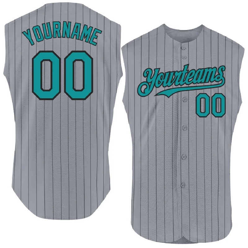 Football Jersey With Sports Event Graphic-Basketball Jersey With Sports Event Graphic-Baseball Jersey With Team Hashtag-Custom Gray Black Pinstripe Teal Authentic Sleeveless Baseball Jersey