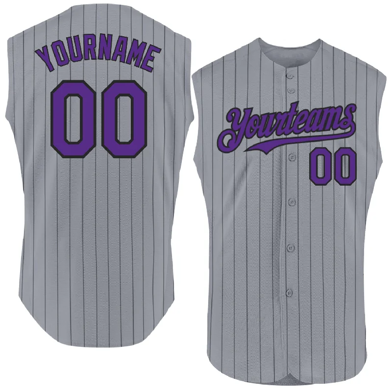 Football Jersey With Athletic Fit-Basketball Jersey With Athletic Fit-Baseball Jersey With Cyberpunk Vibes-Custom Gray Black Pinstripe Purple Authentic Sleeveless Baseball Jersey