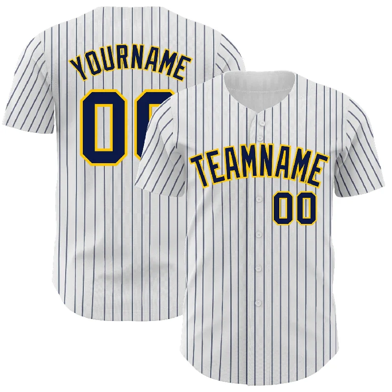 Football Jersey With Player Signature-Basketball Jersey With Player Signature-Baseball Jersey With Minimalist Design-Custom White Navy Pinstripe Yellow Authentic Baseball Jersey