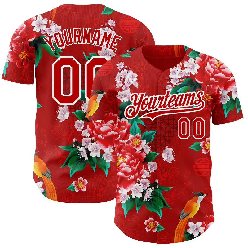 Football Jersey With Soft Fabric-Basketball Jersey With Soft Fabric-Baseball Jersey With Side Slits-Custom Red White 3D Pattern Design Northeast China Big Flower Authentic Baseball Jersey